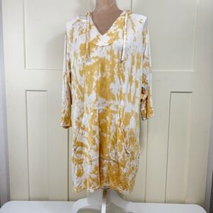 Jones & Co Women's 1X Yellow White Tie Dye  Hoodie Sweatshirt 3/4 Sleeve Y2K